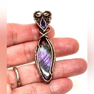 HAND CRAFTED Labradorite Cubic Zirconia Wire Wrapped Copper Pendant Necklace